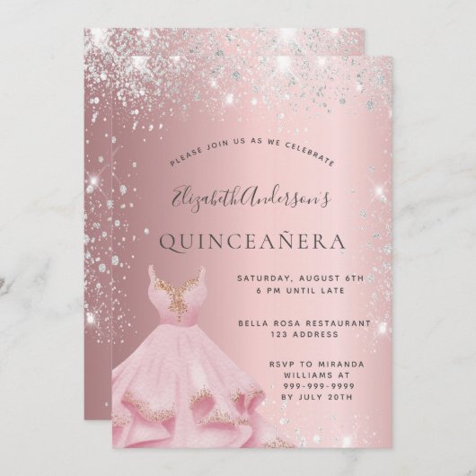 Quinceanera rot Rosa silber Glitzer Staub Kleid Einladung (Vorne/Hinten)