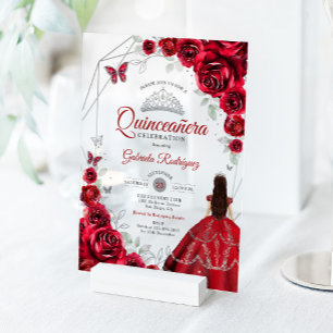 Quinceanera Rot Silber Blumenkleid Acryleinladungen