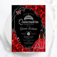 Quinceanera Rot Silber Schmetterling Kleid Floral