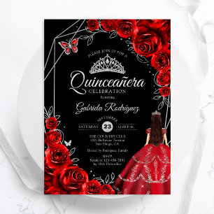 Quinceanera Rot Silber Schmetterling Kleid Floral Einladung
