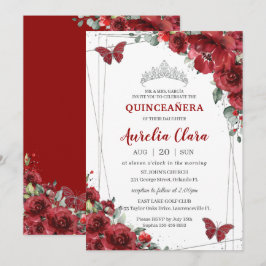 Quinceañera Rote Blume Blütensilber-Schmetterling Einladung