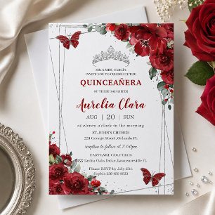 Quinceañera Rote Blumen Florale Silber Schmetterli Einladung