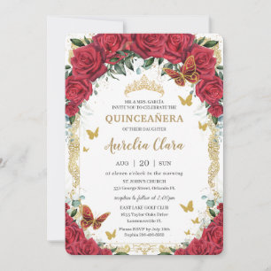 Quinceañera Rote Blumen Vintage Gold Schmetterling Einladung