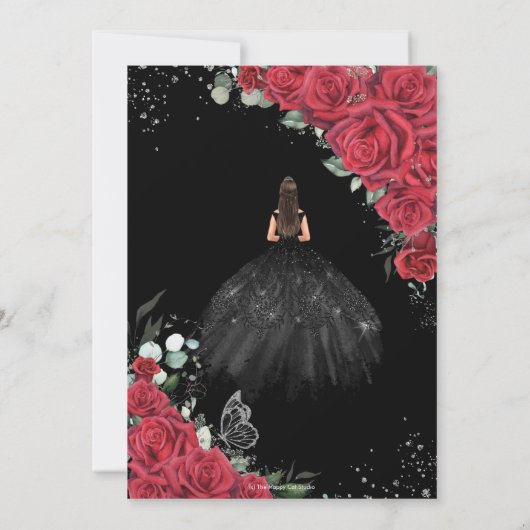 Quinceañera Rote Flora Schwarzes Kleid Silberkrone Einladung (Rückseite)