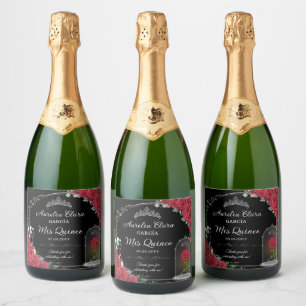 Quinceañera Rote Flora Verzauberte Rose Schwarzes Schaumweinetikett