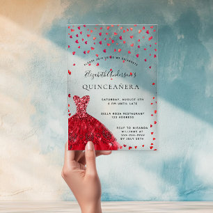 Quinceanera rote Kleiderherzen klar Acryleinladungen