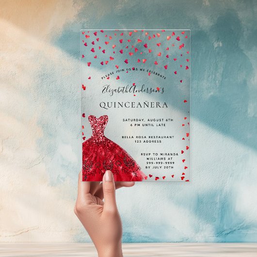 Quinceanera rote Kleiderherzen klar Acryleinladungen