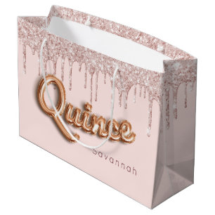 Quinceanera-Röte Rosa Glitter-Tropfen Rosen-Gold Große Geschenktüte