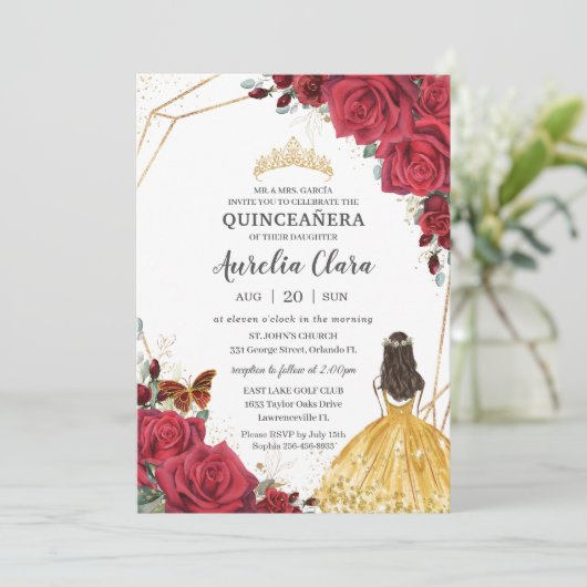 Quinceañera Rote Rose Blumengelbe Kleidung Prinzes Einladung (Stehend Vorderseite)