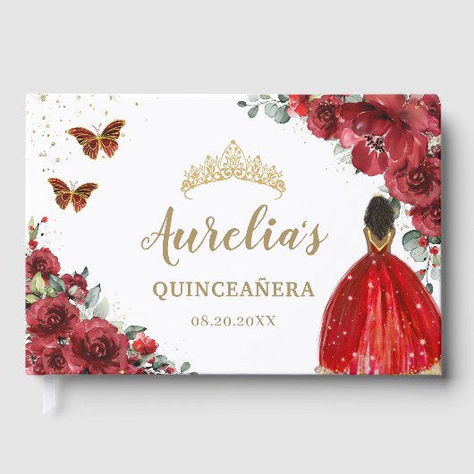 QUINCEAÑERA Rote Rose Blüte Braun Prinzessin Dress Gästebuch (Vorderseite)