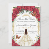 Quinceañera Rote Rose Floral White Elfenbeinkleid Save The Date (Vorderseite)