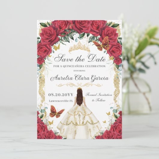 Quinceañera Rote Rose Floral White Elfenbeinkleid Save The Date (Stehend Vorderseite)