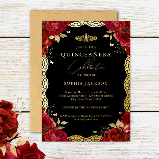 Quinceanera Rote Rose Gold Lace Geburtstag Folieneinladung