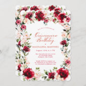 Quinceanera Rote Rose Pink Peony Floral Einladung (Vorne/Hinten)