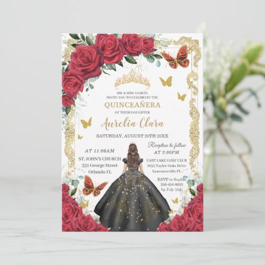 Quinceañera Rote Rosen Bloral Black Dress Princess Einladung (Stehend Vorderseite)