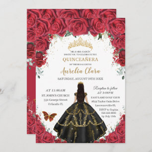 Quinceañera Rote Rosen Blume Schwarzes Kleid Gold Einladung