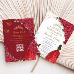 Quinceañera rote Rosen Blumen Gold Prinzessin QR R Einladung