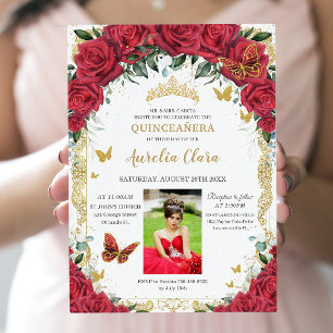 Quinceañera rote Rosen Blumen Vintage Gold Bild Einladung