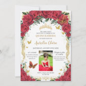 Quinceañera Rote Rosen Blumenbilder Vintag Einladung (Vorderseite)