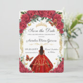 Quinceañera Rote Rosen Blumendress Gold Butterfly Save The Date (Stehend Vorderseite)