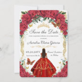 Quinceañera Rote Rosen Blumendress Gold Butterfly Save The Date (Vorderseite)