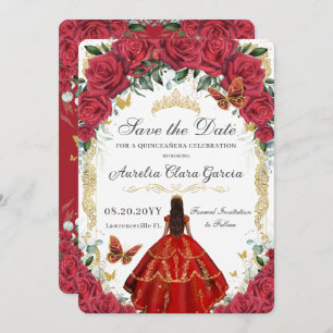Quinceañera Rote Rosen Blumendress Gold Butterfly Save The Date
