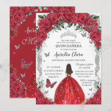 Quinceañera Rote Rosen Blumendruckkleid Silver