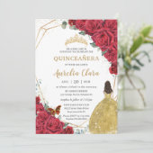 Quinceañera Rote Rosen Blumengelbe Prinzessin Einladung (Stehend Vorderseite)