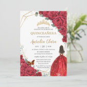 Quinceañera Rote Rosen Blumengold Prinzessin Crown Einladung (Stehend Vorderseite)