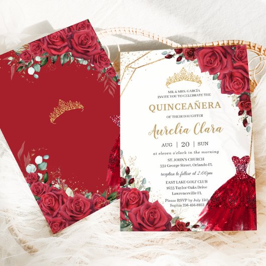 Quinceañera Rote Rosen Blumengolddruckkleid Einladung