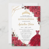Quinceañera Rote Rosen Blumengolddruckkleid Einladung (Vorderseite)