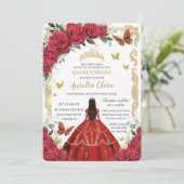 Quinceañera Rote Rosen Blumengoldprinzessin 16. Einladung (Stehend Vorderseite)