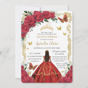 Quinceañera Rote Rosen Blumengoldprinzessin 16. Einladung