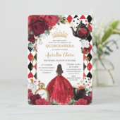 Quinceanera-Rote Rosen Blumenkohl-Alice im Wunderl Einladung (Stehend Vorderseite)