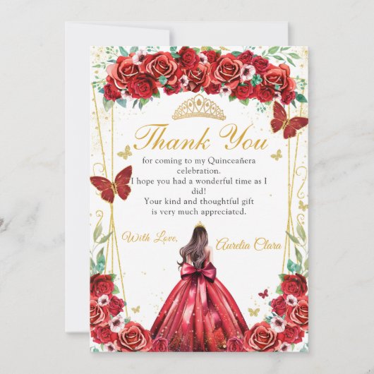 Quinceañera Rote Rosen Blumenprinzessin Butterflie Dankeskarte (Vorderseite)