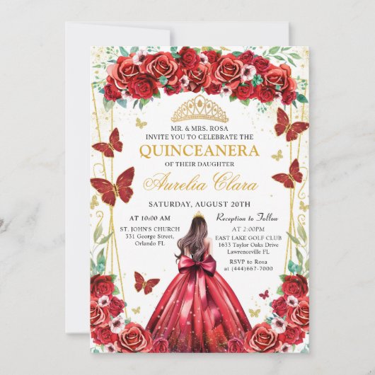 Quinceañera Rote Rosen Blumenprinzessin Butterflie Einladung (Vorderseite)