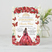 Quinceañera Rote Rosen Blumenprinzessin Butterflie Einladung (Stehend Vorderseite)
