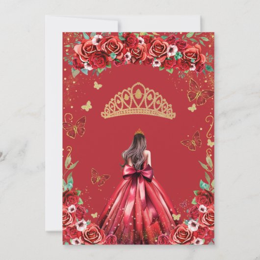 Quinceañera Rote Rosen Blumenprinzessin Butterflie Einladung (Rückseite)