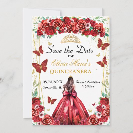 Quinceañera Rote Rosen Blumenprinzessin Butterflie Save The Date (Vorderseite)