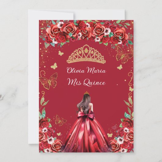 Quinceañera Rote Rosen Blumenprinzessin Butterflie Save The Date (Rückseite)