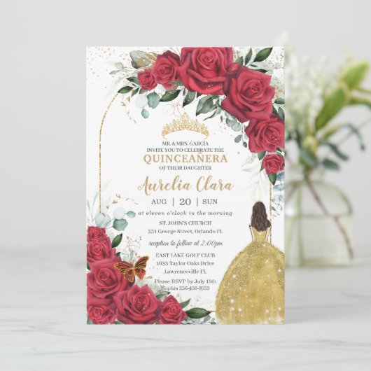 Quinceañera Rote Rosen Blumenprinzessin Gelbes Kle Einladung (Stehend Vorderseite)