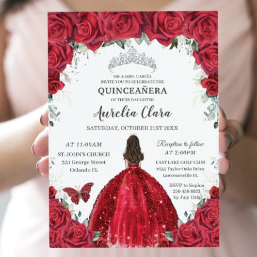 Quinceañera Rote Rosen Blumenprinzessin Gown Silve Einladung