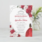 Quinceañera Rote Rosen Blumenprinzessin Silver Cro Einladung (Stehend Vorderseite)