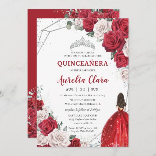 Quinceañera Rote Rosen Blumenprinzessin Silver Cro Einladung (Vorne/Hinten)