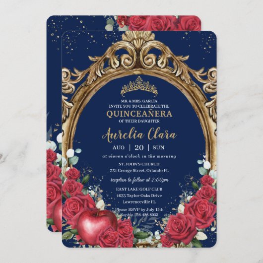 Quinceañera Rote Rosen Blumenschnee Weißer Goldrah Einladung (Vorne/Hinten)