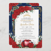 Quinceañera Rote Rosen Blumenschnee Weißer Navy Go Einladung (Vorne/Hinten)