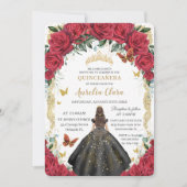 Quinceañera Rote Rosen Blumenschwarzes Kleid Gold Einladung (Vorderseite)