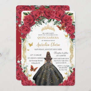 Quinceañera Rote Rosen Blumenschwarzes Kleid Gold Einladung