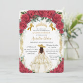 Quinceañera Rote Rosen Blumenweiße Kleidung Pferde Einladung (Stehend Vorderseite)