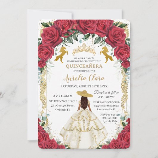 Quinceañera Rote Rosen Blumenweiße Kleidung Pferde Einladung (Vorderseite)
